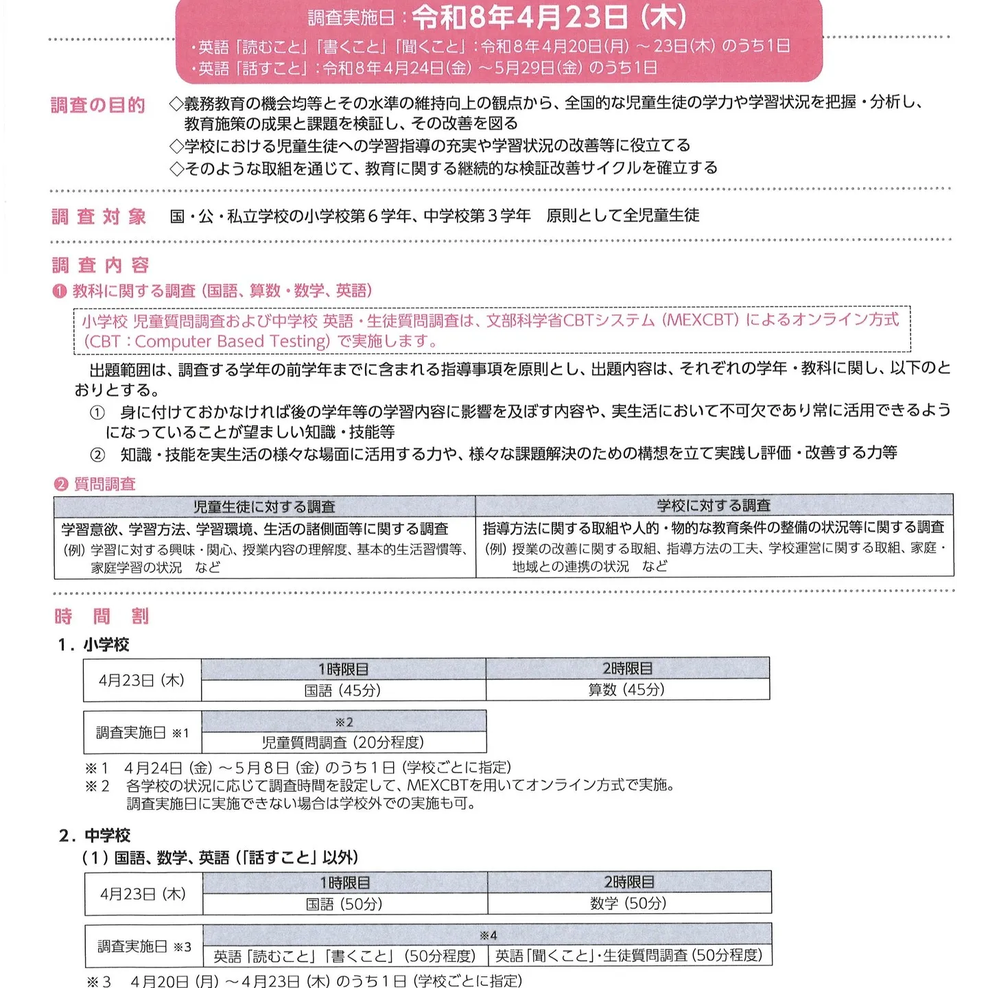 令和8年度全国学力・学習状況調査が実施されました。